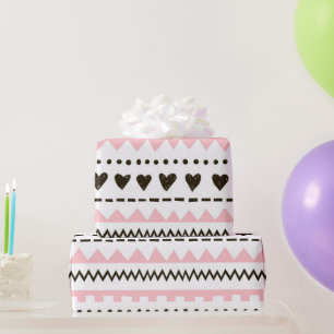 White Pink Black Hearts Pattern Wrapping Paper