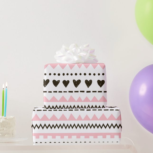 White Pink Black Hearts Pattern Wrapping Paper (Party Gifts)