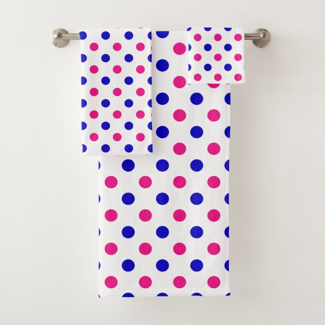 White Pink Blue Polka Dot Pattern Bath Towel Set (Insitu)