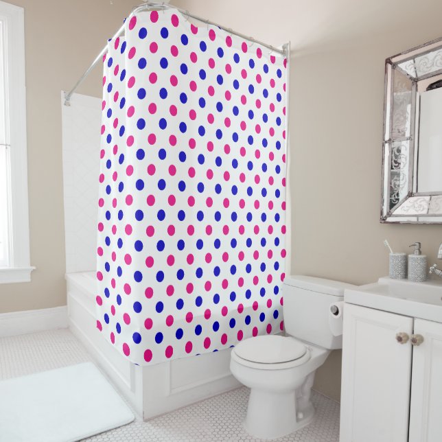 White Pink Blue Polka Dot Pattern Shower Curtain (In Situ)