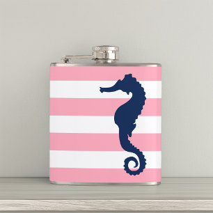 White Pink & Blue Wide Stripes Pattern Seahorse Hip Flask