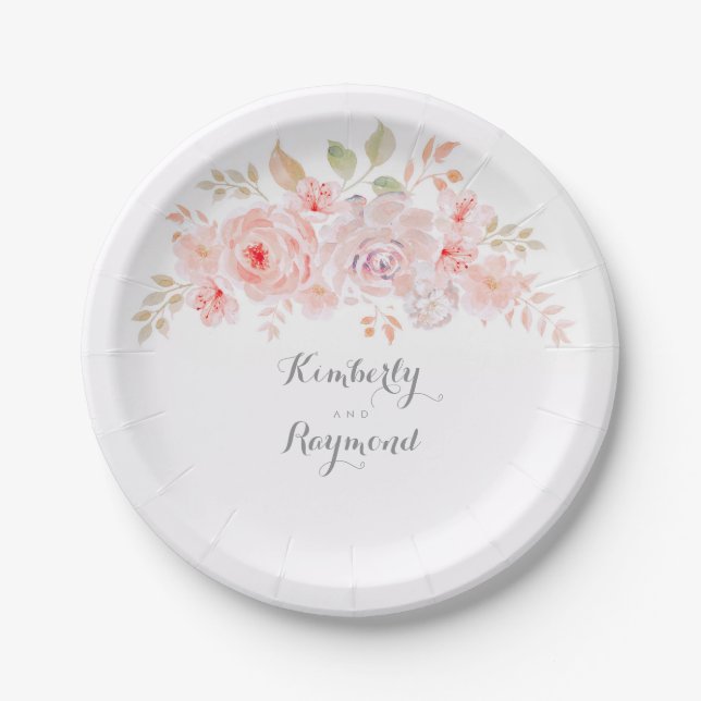 White Pink Blush Floral Paper Plate (Front)