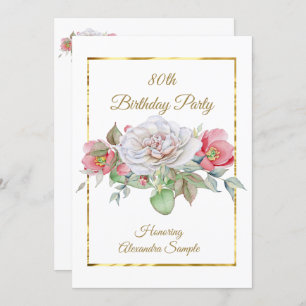 White Pink Bouquet Flowers Gold Birthday Party Invitation
