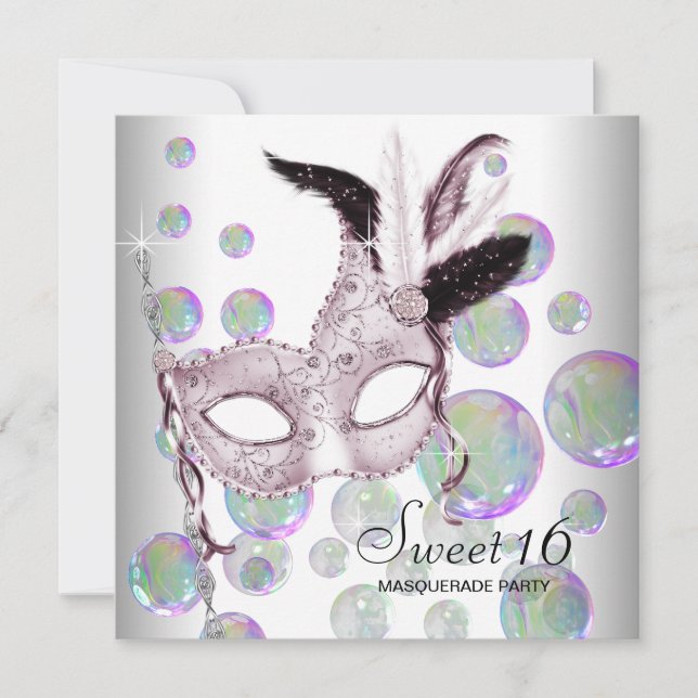 White Pink Bubbles Sweet Sixteen Masquerade Party Invitation (Front)