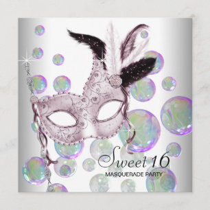 White Pink Bubbles Sweet Sixteen Masquerade Party Invitation