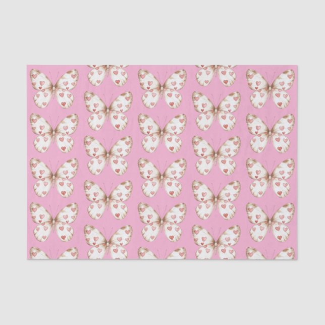 White Pink Butterfly Hearts Birthday Tissue Paper (Front)