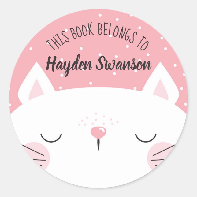 White & Pink Cat | This Book Belongs To Classic Round Sticker (Front)