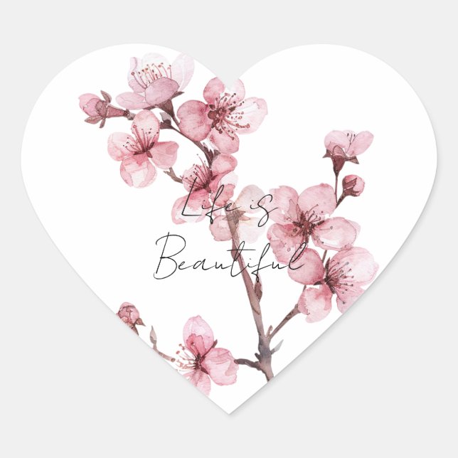 White Pink Cherry Blossom Floral  Heart Sticker (Front)