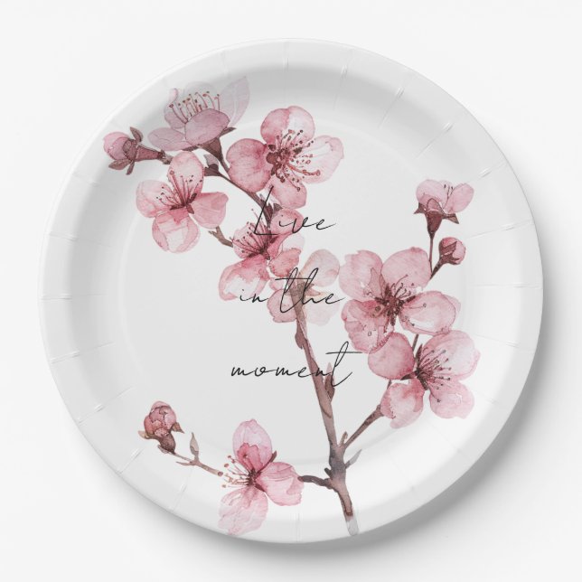 White Pink Cherry Blossom Floral  Paper Plate (Front)
