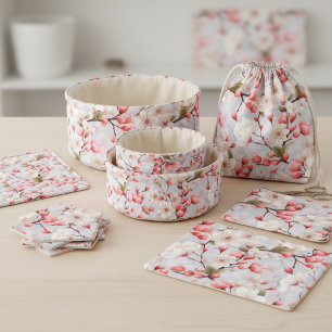 White & Pink Cherry Blossom Watercolor Fabric