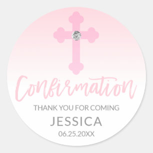 White Pink Cross CONFIRMATION Girl Thank You Classic Round Sticker