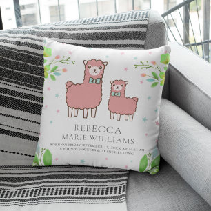 White Pink Cute Llama Baby Girl Birth Stats Cushion