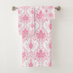 white pink damask pattern bath towel set