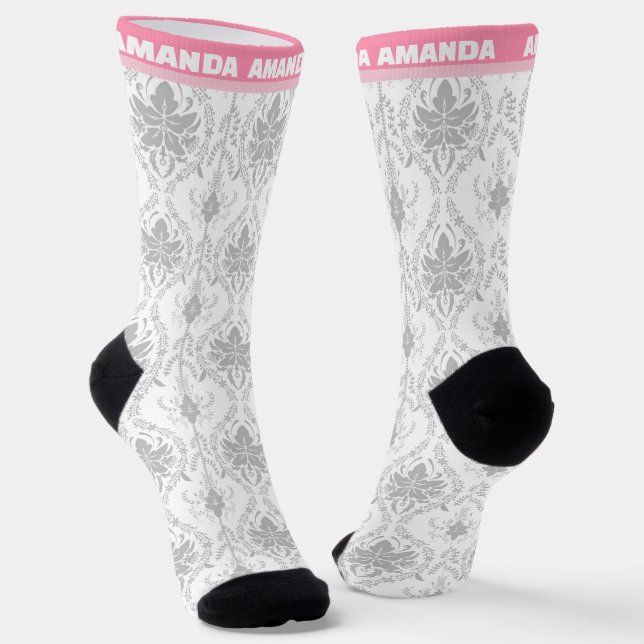 white pink damask pattern  socks (Angled)