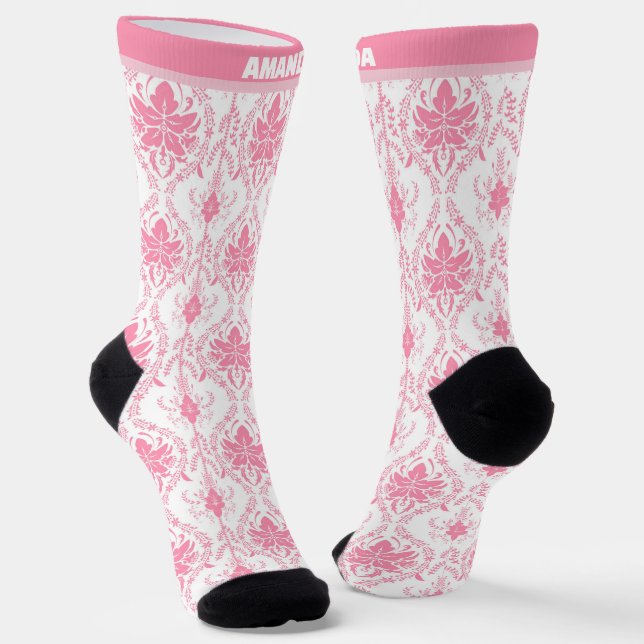 white pink damask pattern  socks (Angled)