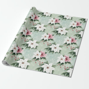 White Pink Elegant Christmas Poinsettias Wrapping Paper