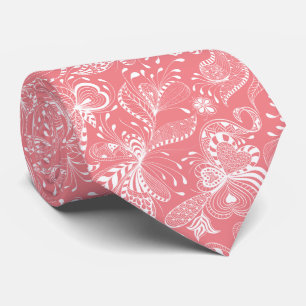 White & Pink Exotic Floral Swirls Tie