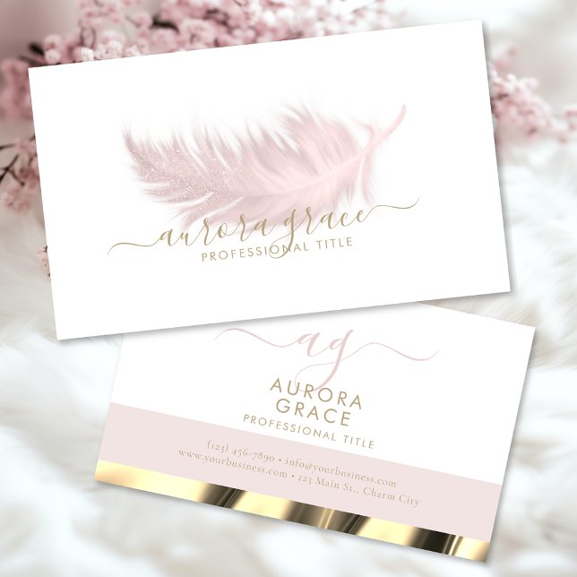 White Pink Feather Gold Business Card (Creator Uploaded)