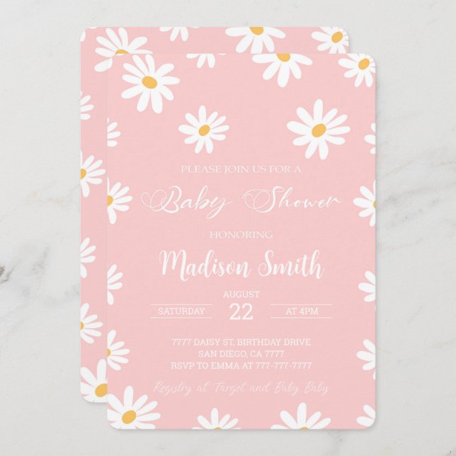 White & Pink Floral Daisy Baby Shower  Invitation (Front/Back)