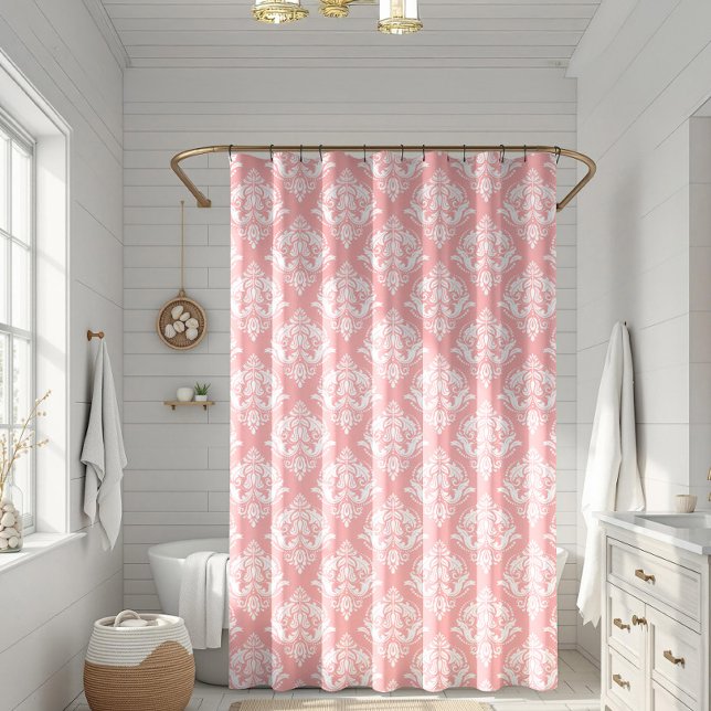 White & Pink Floral Damasks Pattern Shower Curtain (Creator Uploaded)