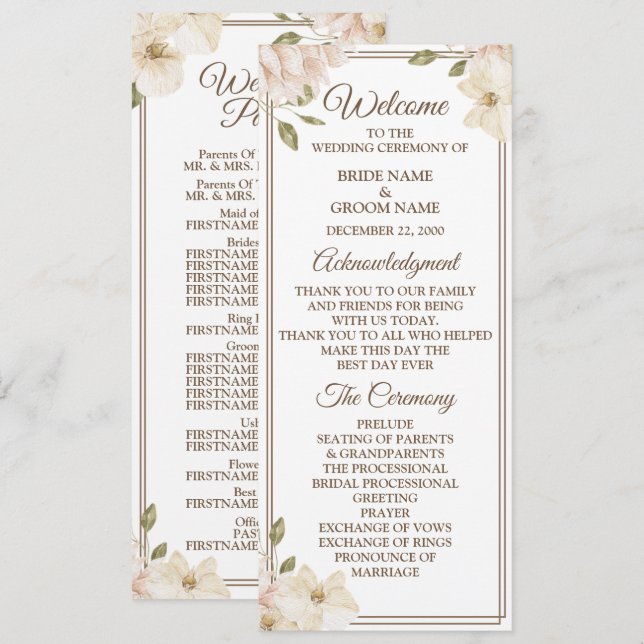 White Pink Floral Frame Greenery Modern Wedding Program (Front/Back)