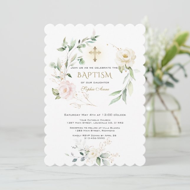 White Pink Floral Greenery Gold Cross Baptism  Invitation (Standing Front)