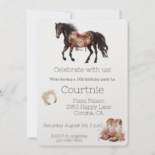 White Pink Floral Horse Western Cowgirl Birthday Invitation