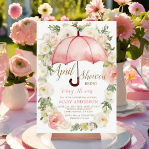 White Pink floral Umbrella April Showers Invitation