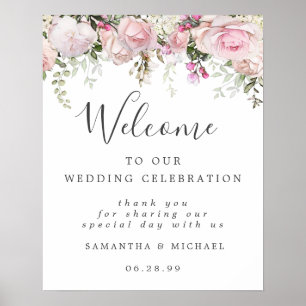 White Pink Floral Welcome to Our Wedding Sign