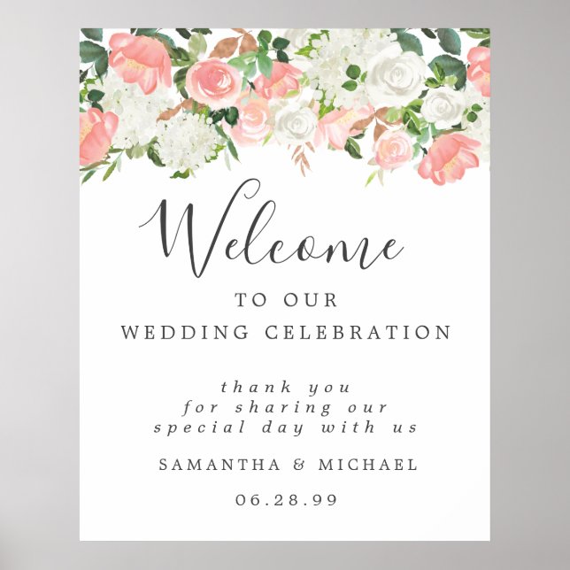 White Pink Floral Welcome to Our Wedding Sign (Front)