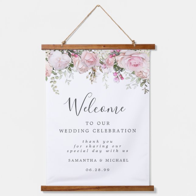 White Pink Floral Welcome to Our Wedding Sign Hanging Tapestry (Front)