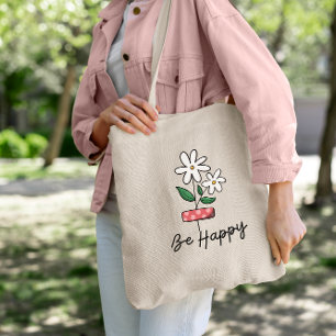 White Pink Flower Be Happy Tote Bag