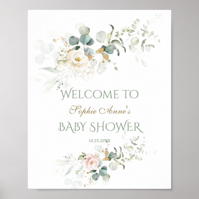 White Pink Flowers Baby Shower Welcome Sign (Front)