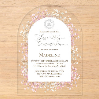 white pink flowers First Holy Communion Acrylic Invitations