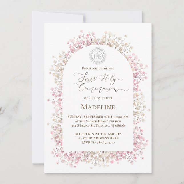 white pink flowers First Holy Communion Invitation (Front)