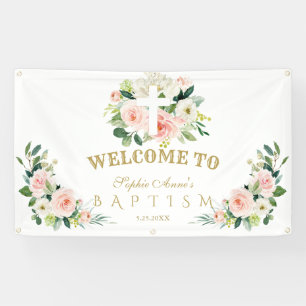 White Pink Flowers Girl Baptism Cross Welcome Sign