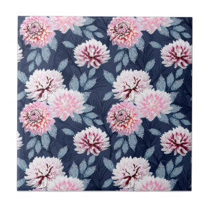 White, pink flowers on dark blue. Ceramic Tile