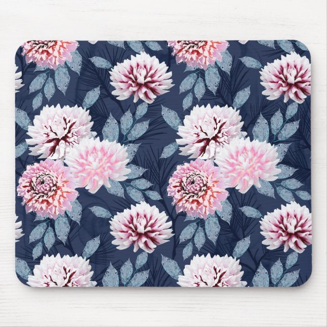  White, pink flowers on dark blue. Mouse Pad (Front)