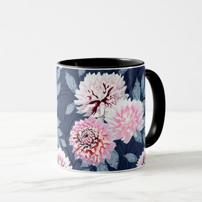  White, pink flowers on dark blue. Mug (Front Right)