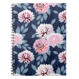 White, pink flowers on dark blue. Notebook