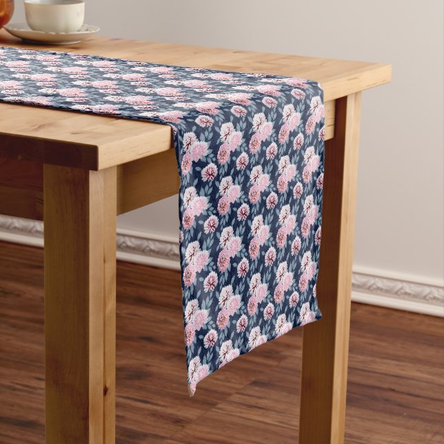  White, pink flowers on dark blue. Short Table Runner (In Situ)