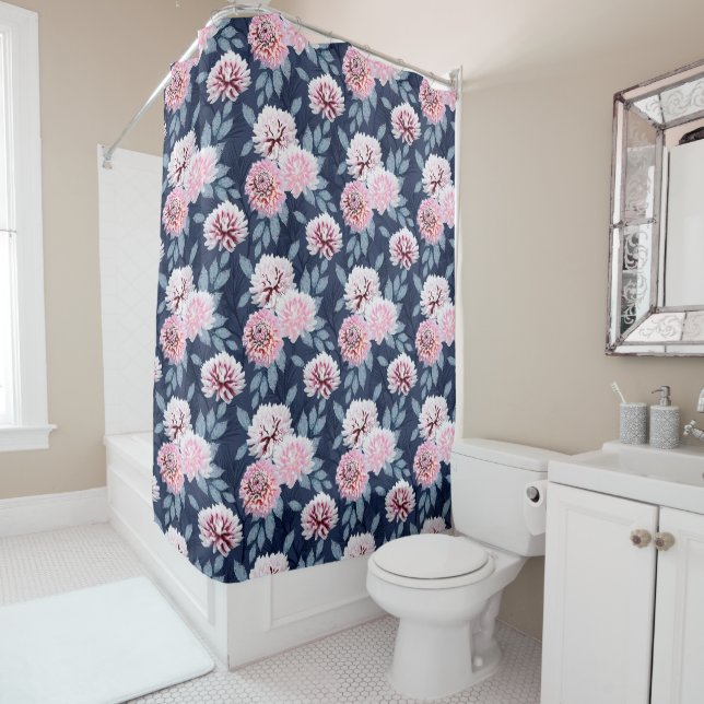  White, pink flowers on dark blue. Shower Curtain (In Situ)