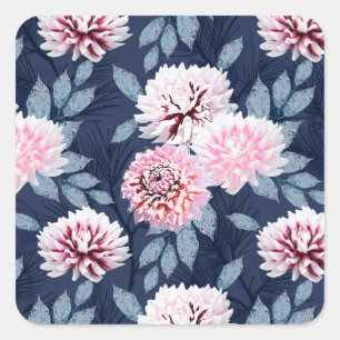 White, pink flowers on dark blue. Square Sticker