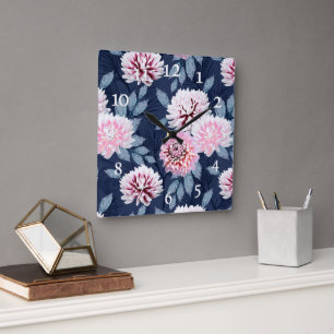 White, pink flowers on dark blue. Square Wall Clock