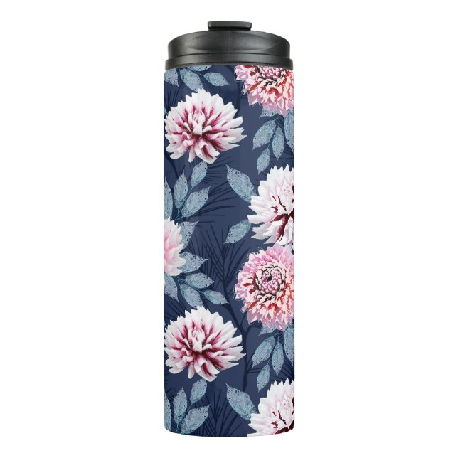  White, pink flowers on dark blue. Thermal Tumbler (Front)