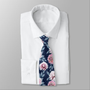  White, pink flowers on dark blue. Tie