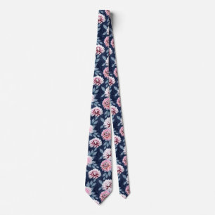  White, pink flowers on dark blue. Tie