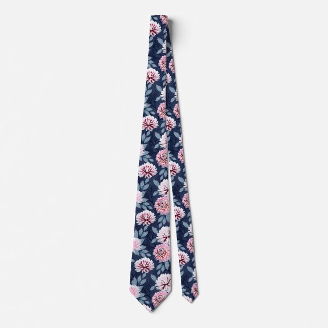  White, pink flowers on dark blue. Tie (Front)