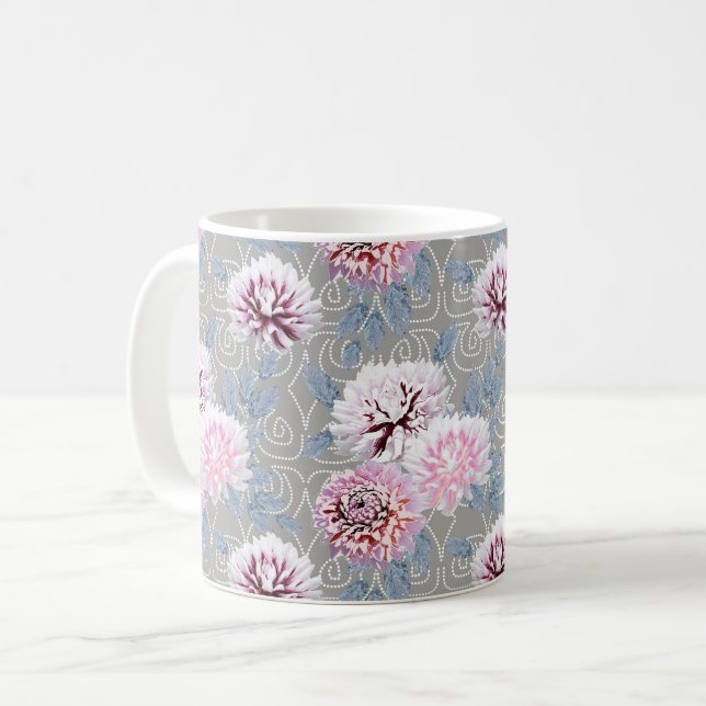 White, pink flowers on grey. coffee mug (Front Left)