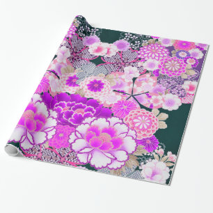 WHITE PINK FLOWERS Peony,Roses Japanese Floral  Wrapping Paper